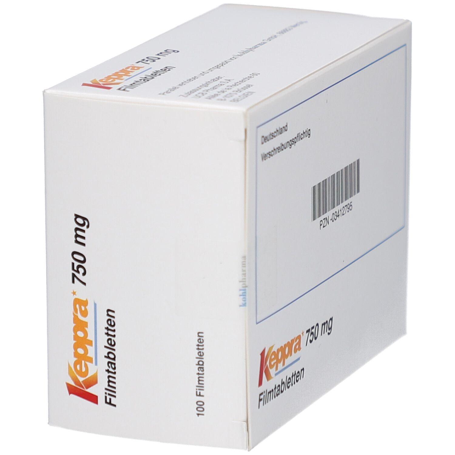 Weiße Schachtel Keppra 750 mg. Aufschrift: Filmtabletten, 100 Filmtabletten. Ansicht von der Seite.