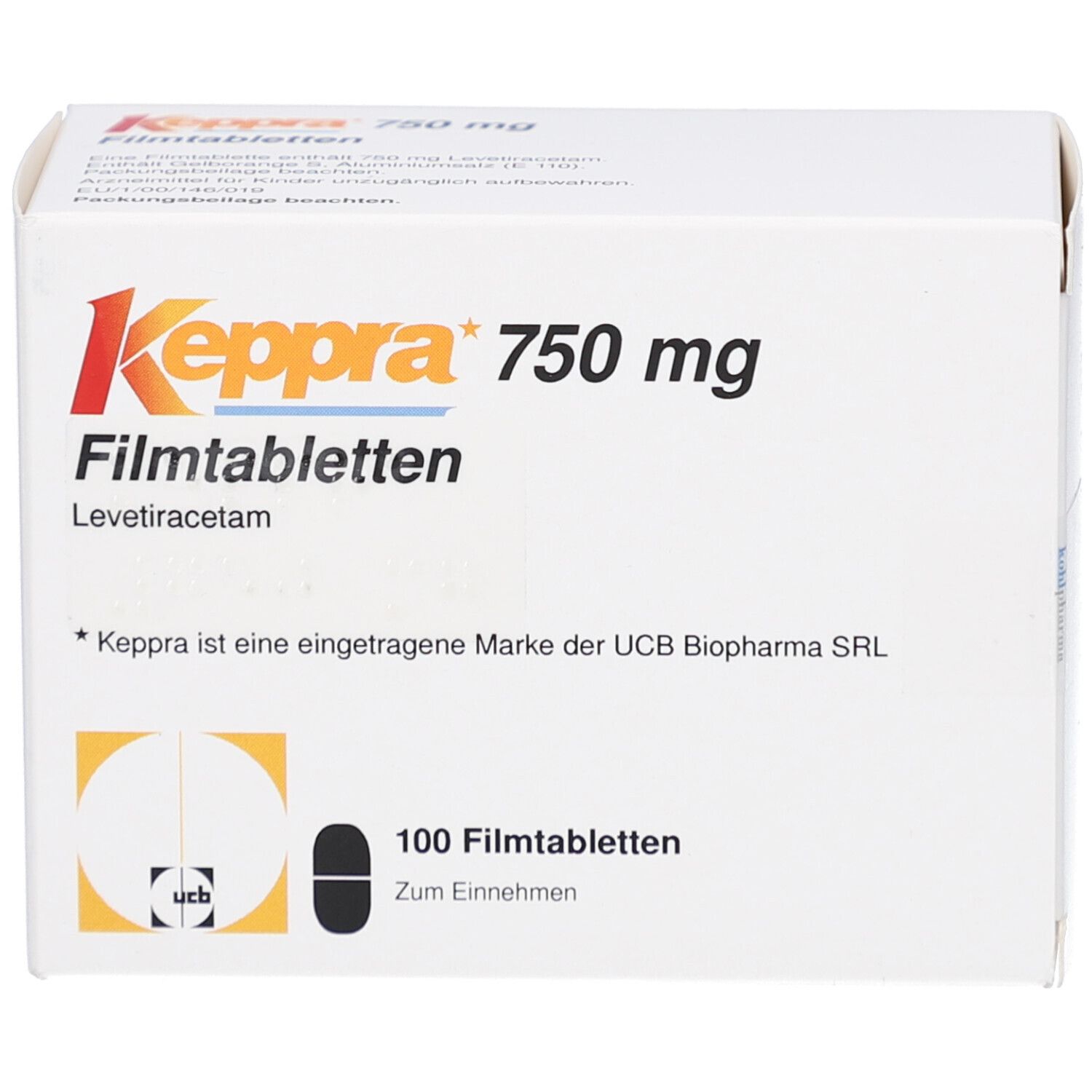 Weiße Schachtel Keppra 750 mg. Aufschrift: Filmtabletten, Levetiracetam, 100 Filmtabletten. UCB Biopharma SRL Marke.