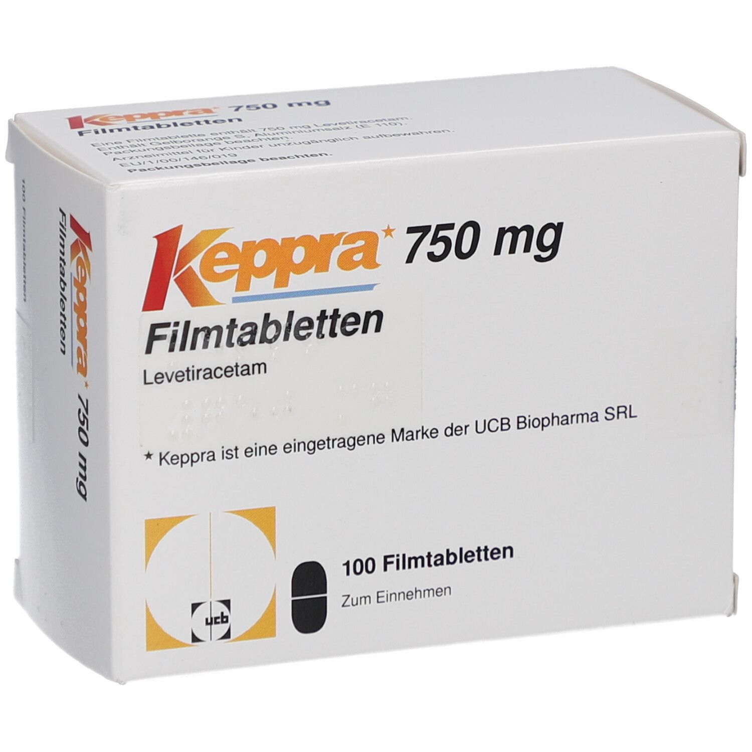 Schachtel mit Keppra 750 mg Filmtabletten. Aufschrift: 100 Filmtabletten. Marke: Keppra.