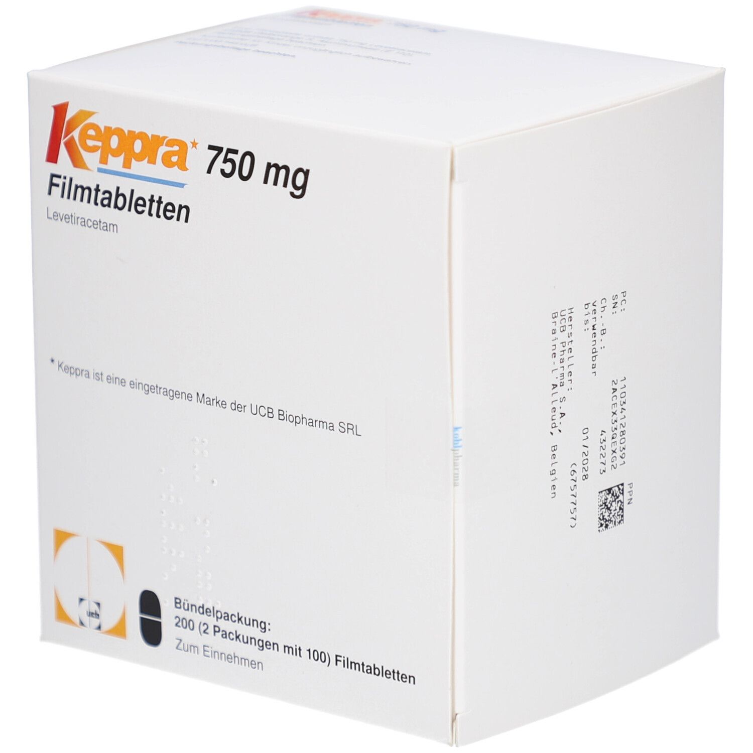 Weiße Keppra 750 mg Filmtabletten-Verpackung. Aufschrift: Keppra, 750 mg, Filmtabletten. Enthält 200 Tabletten.