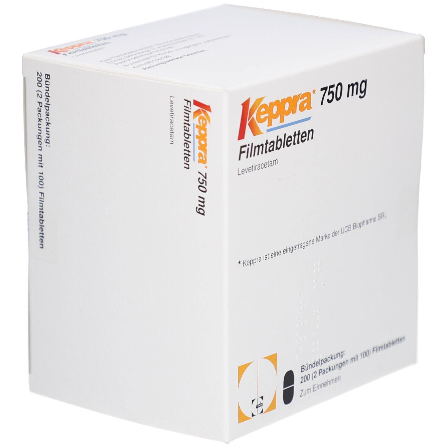 Weiße Keppra 750 mg Filmtabletten-Verpackung. Aufschrift: Keppra, 750 mg, Filmtabletten. Enthält 200 Tabletten.
