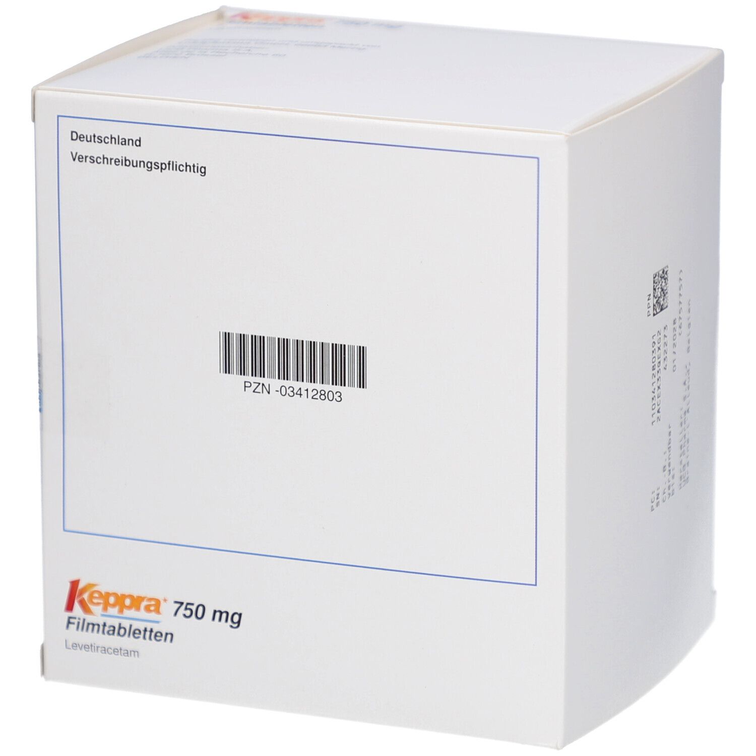 Weiße Keppra 750 mg Filmtabletten-Verpackung. Aufschrift: Keppra, 750 mg, Filmtabletten. Enthält 200 Tabletten.