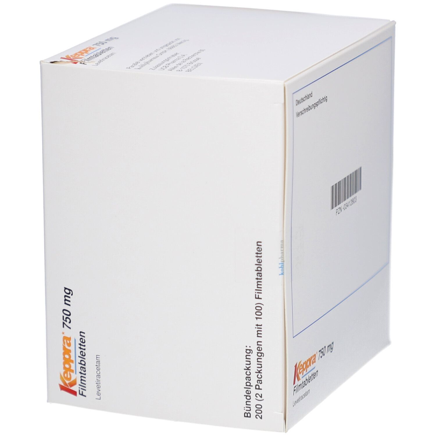 Weiße Keppra 750 mg Filmtabletten-Verpackung. Aufschrift: Keppra, 750 mg, Filmtabletten. Enthält 200 Tabletten.