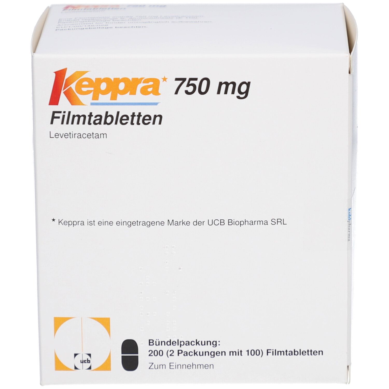 Weiße Keppra 750 mg Filmtabletten-Verpackung. Aufschrift: Keppra, 750 mg, Filmtabletten. Enthält 200 Tabletten.