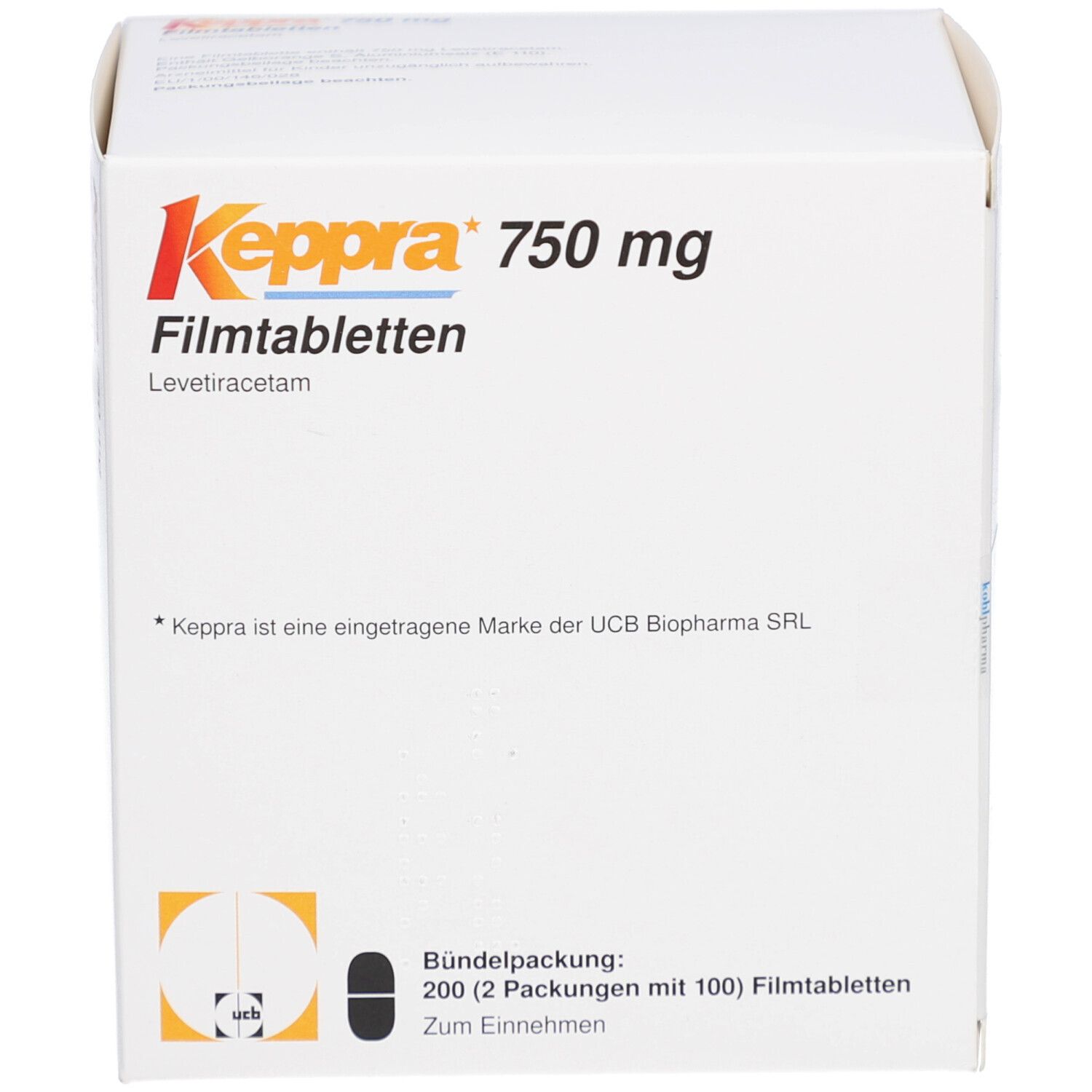 Weiße Keppra 750 mg Filmtabletten-Verpackung. Aufschrift: Keppra, 750 mg, Filmtabletten. Enthält 200 Tabletten.