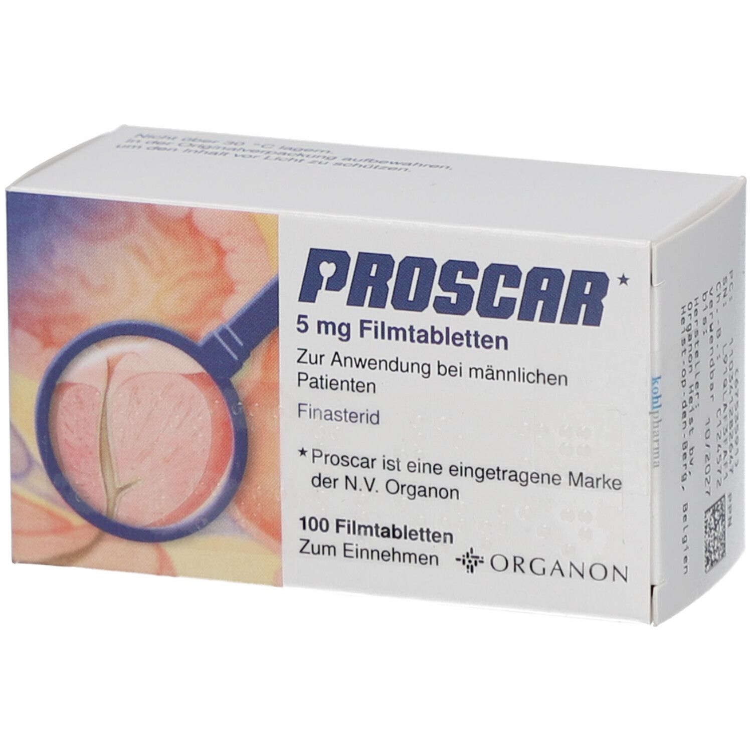 PROSCAR Filmtabletten, 5 mg, Packung. Aufdruck: PROSCAR, 100 Filmtabletten, Organon. Abbildung mit Lupe.