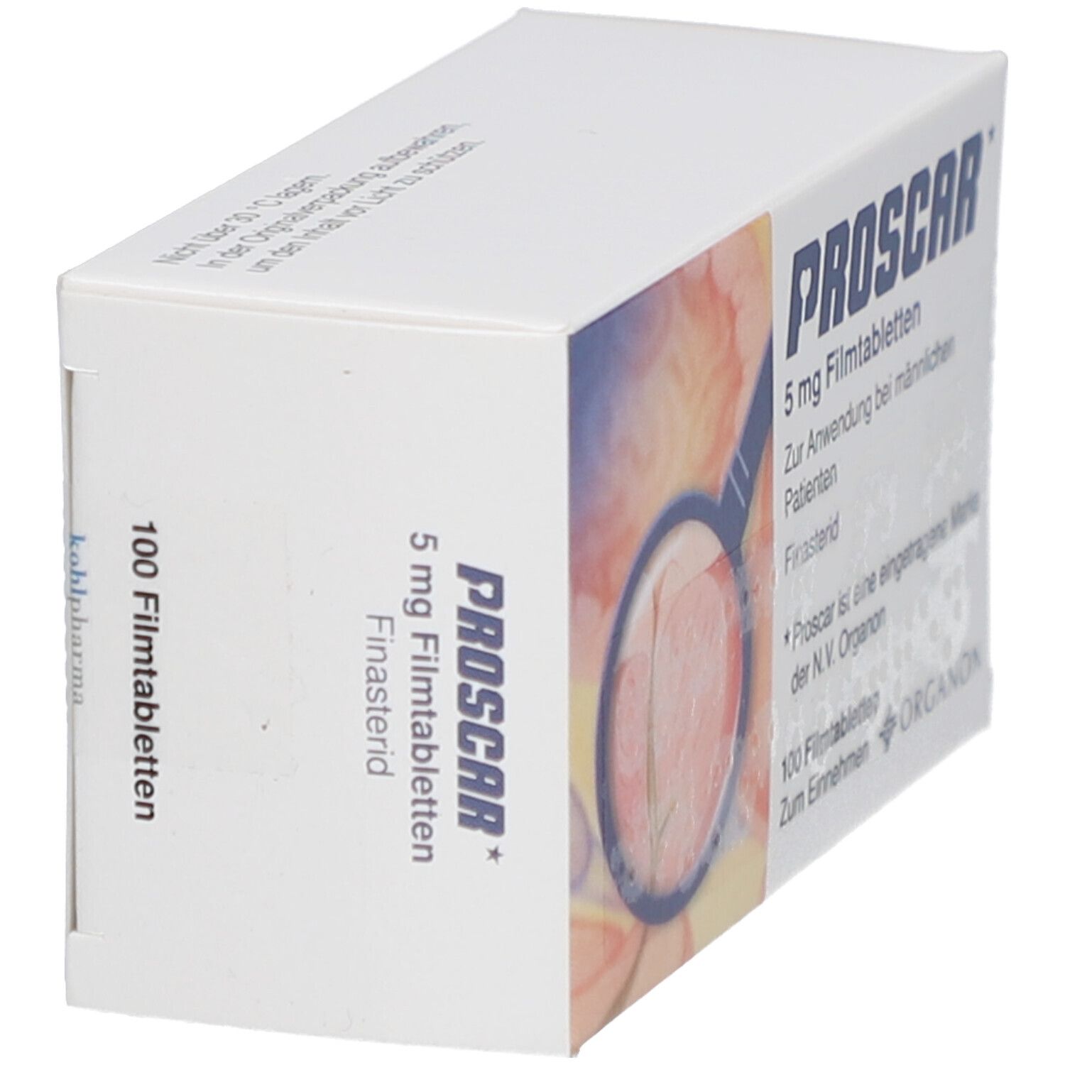 PROSCAR-Packung, 5 mg Filmtabletten. Aufdruck: PROSCAR, 100 Filmtabletten. Seitenansicht der Verpackung.