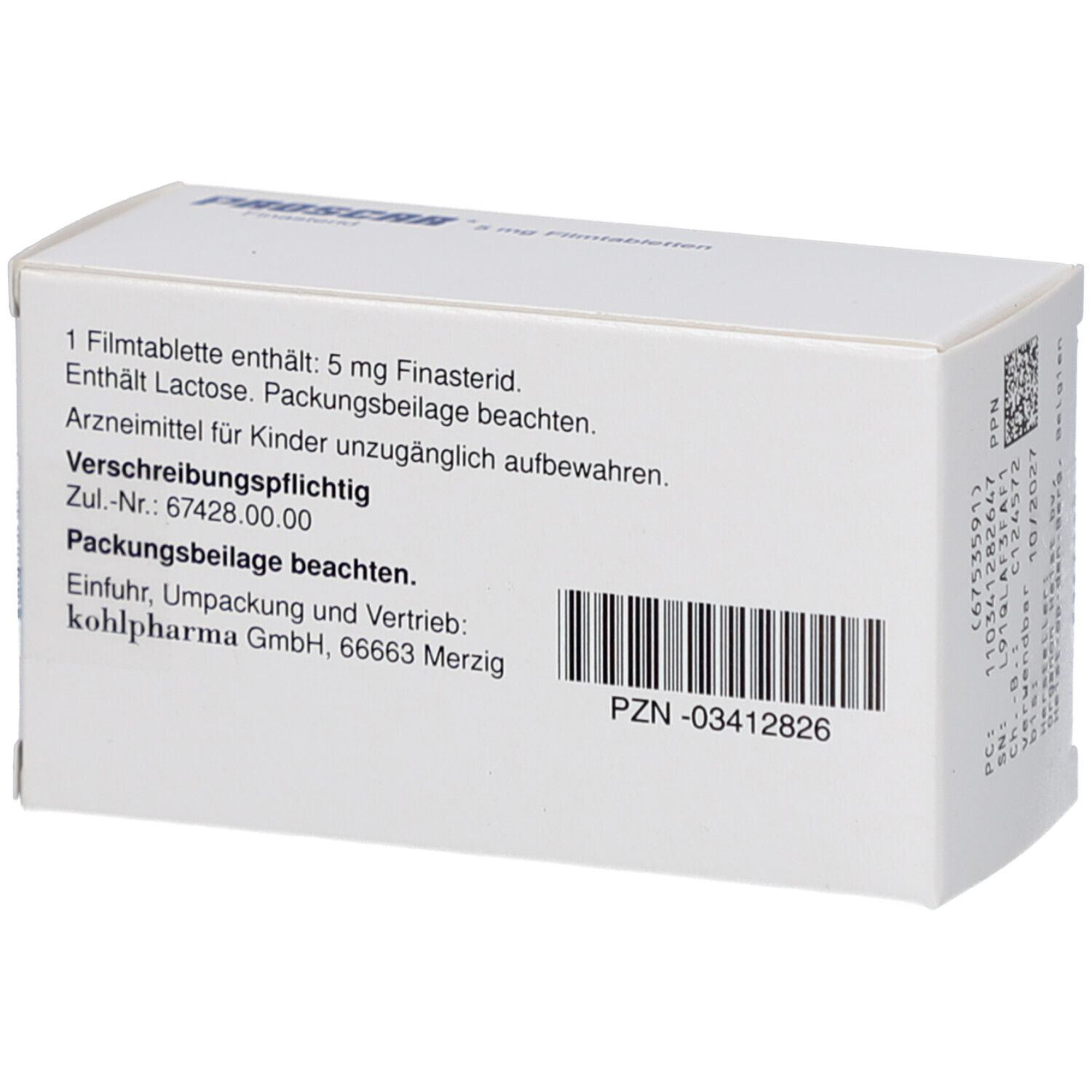 PROSCAR-Packung, Rückseite. Angaben: 5 mg Finasterid, Packungsbeilage beachten, PZN-03412826.
