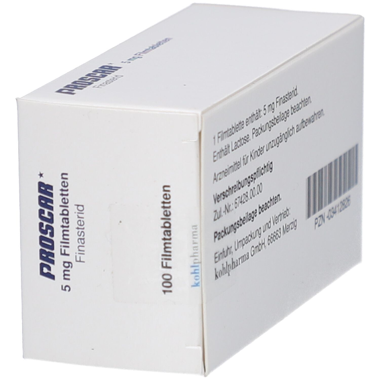 PROSCAR-Packung, 5 mg Filmtabletten. Aufdruck: PROSCAR, 100 Filmtabletten. Seitenansicht der Verpackung.