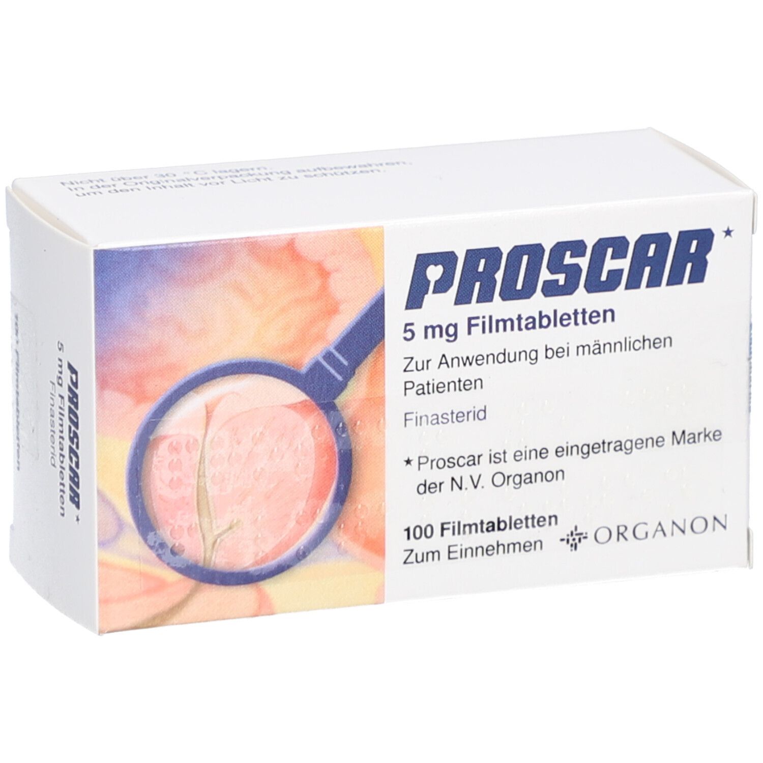 PROSCAR-Packung, 5 mg Filmtabletten. Aufdruck: PROSCAR, 100 Filmtabletten, Organon. Seitenansicht der Verpackung.