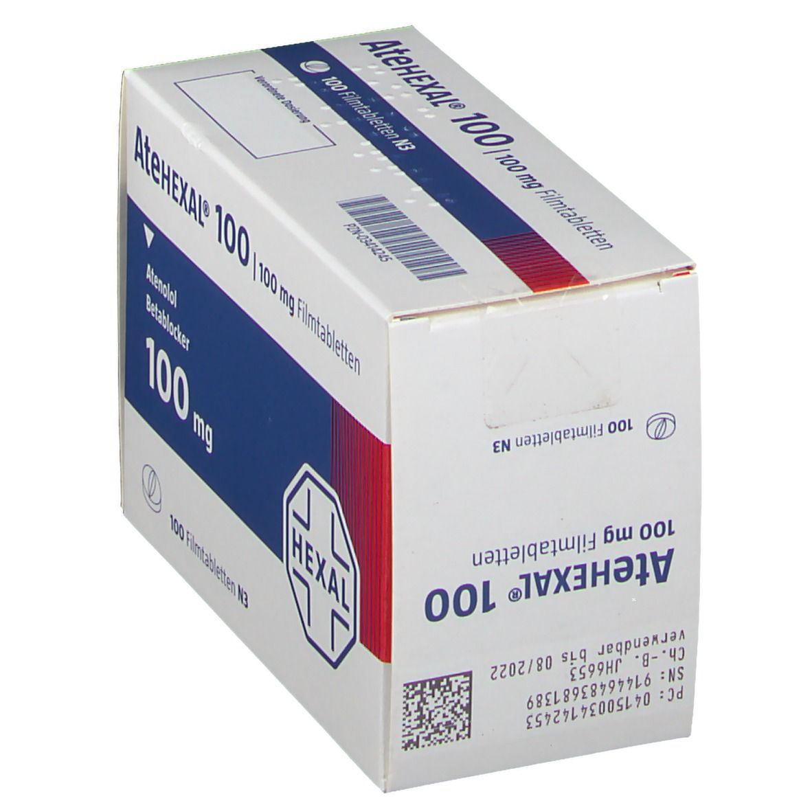 AteHEXAL 100 mg Filmtabletten-Packung, schräg. Weiße Schachtel mit blauer Fläche und Produktinformationen. HEXAL-Logo.