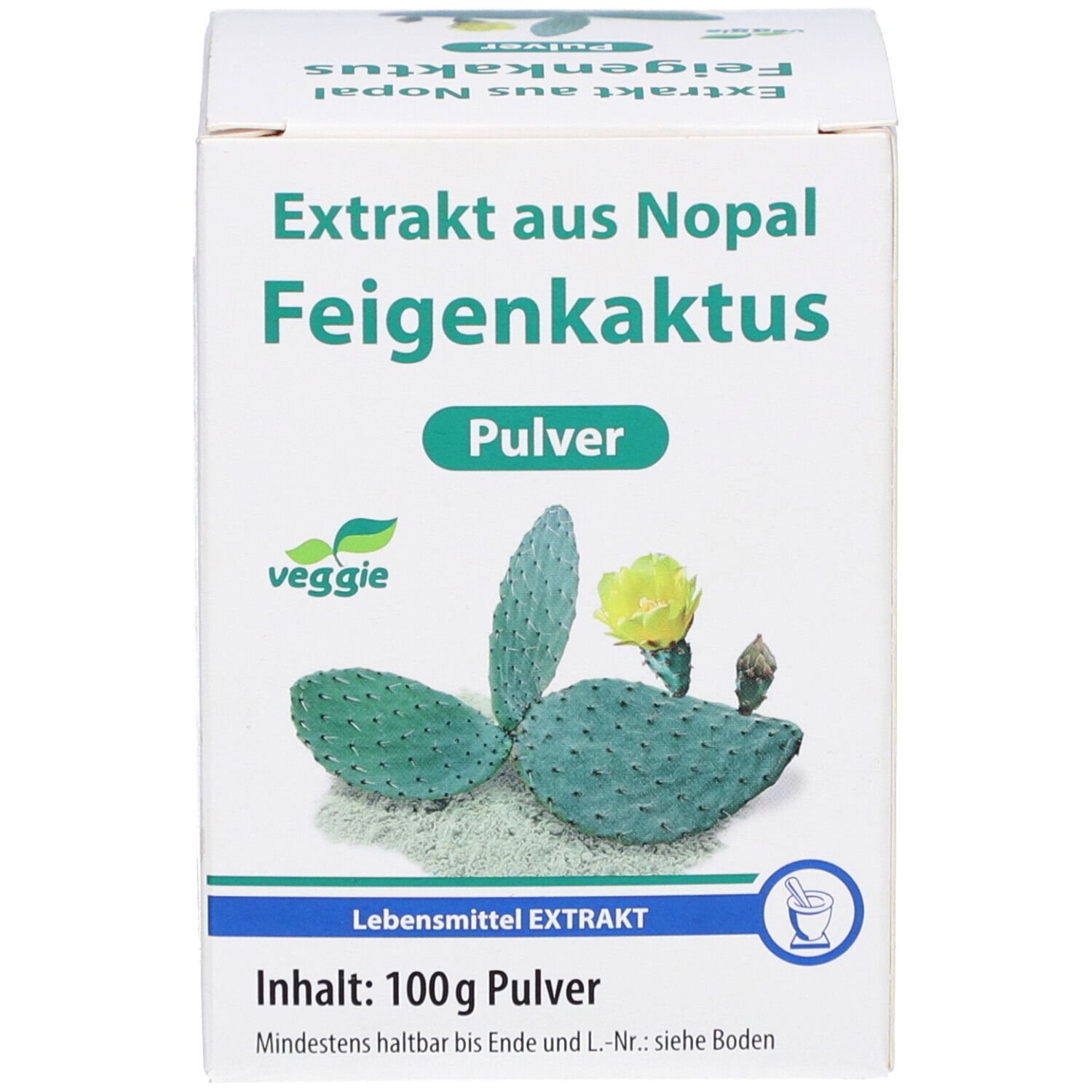 Karton mit Aufschrift 'Extrakt aus Nopal Feigenkaktus Pulver'. Enthält 100g Pulver. Veggie-Logo. Produktabbildung.