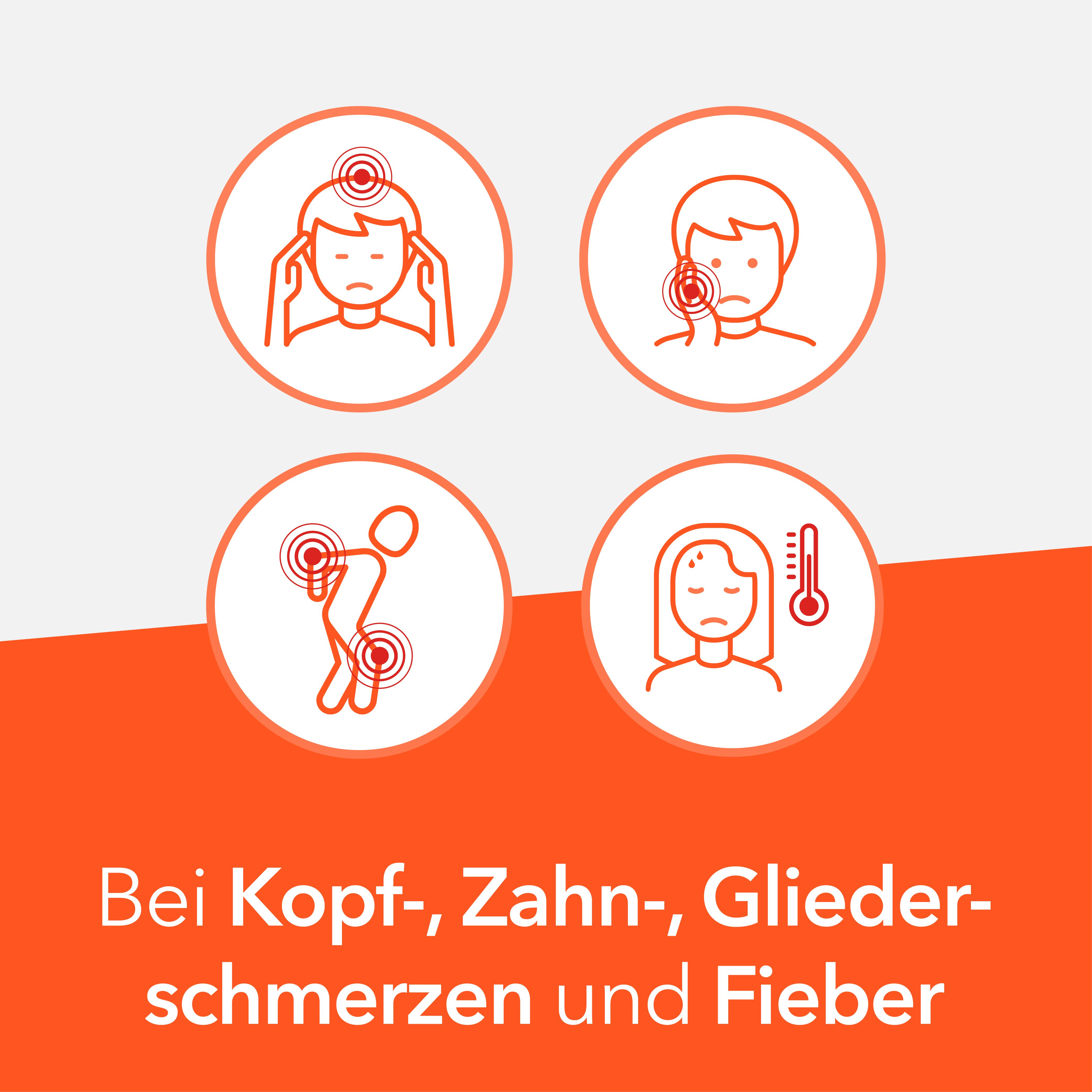 Symbole für Kopf-, Zahn-, Gliederschmerzen und Fieber.