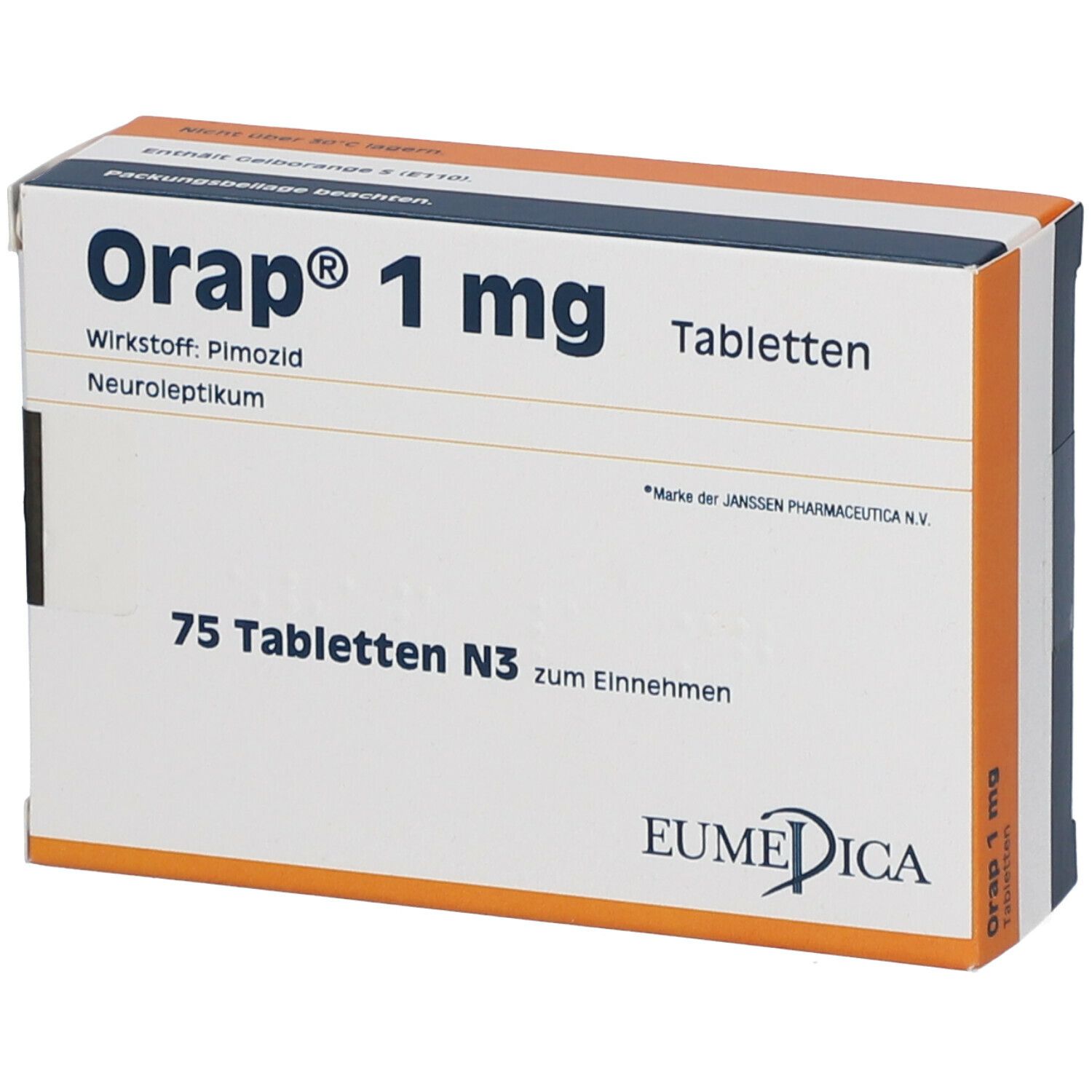 Orap 1 mg Tabletten-Packung. Enthält 75 Tabletten. Wirkstoff: Pimozid. Verpackung mit weißem Grund und orangefarbenen Akzenten.