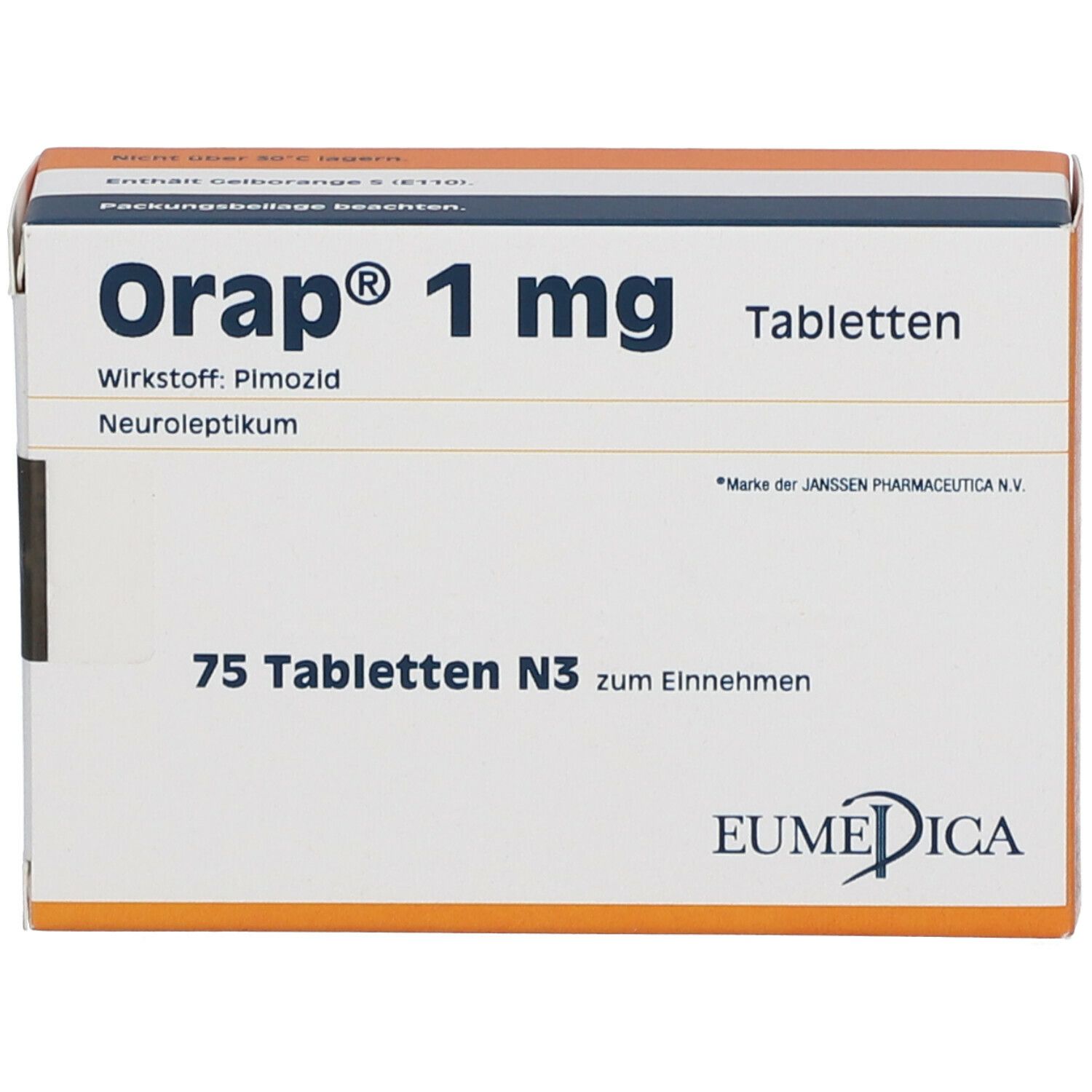 Orap 1 mg Tabletten-Packung. Enthält 75 Tabletten. Wirkstoff: Pimozid. Verpackung mit weißem Grund und orangefarbenen Akzenten.