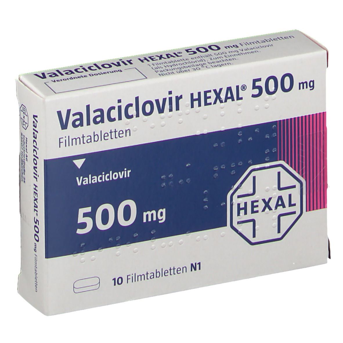 Schachtel mit Valaciclovir HEXAL 500 mg Filmtabletten. Blaue und weiße Verpackung mit Produktnamen und Dosierung. HEXAL-Logo.
