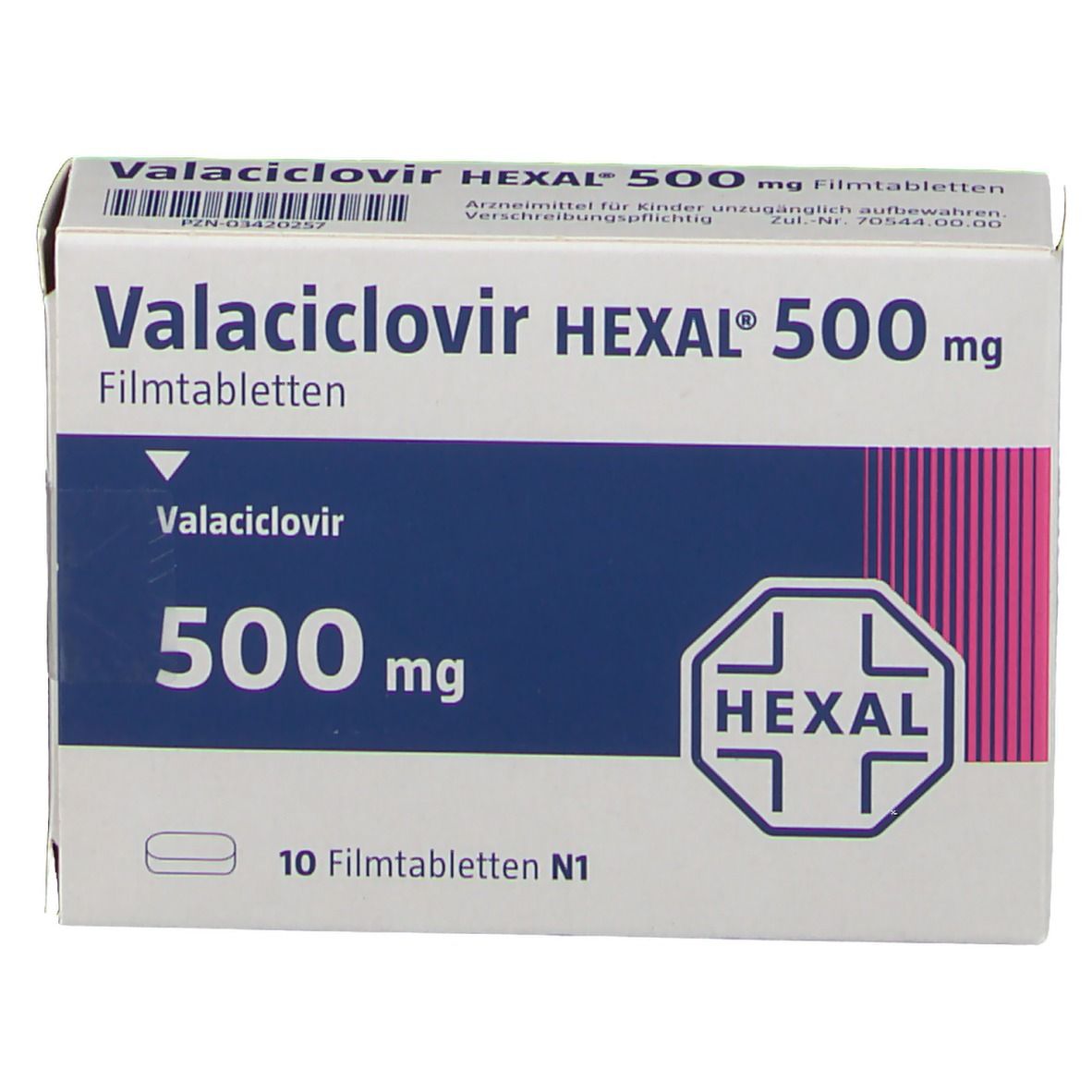 Schachtel mit Valaciclovir HEXAL 500 mg Filmtabletten. Blaue und weiße Verpackung mit Produktnamen und Dosierung. HEXAL-Logo.