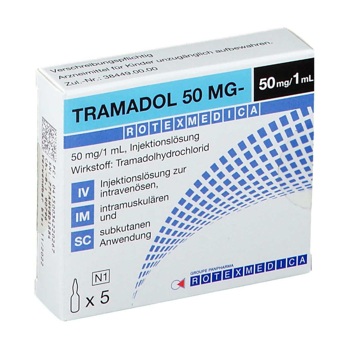 Schachtel Tramadol 50 mg Rotexmedica. Enthält 5 Ampullen. Aufschrift: 50 mg/1 ml, Injektionslösung. Blaue und weiße Verpackung.