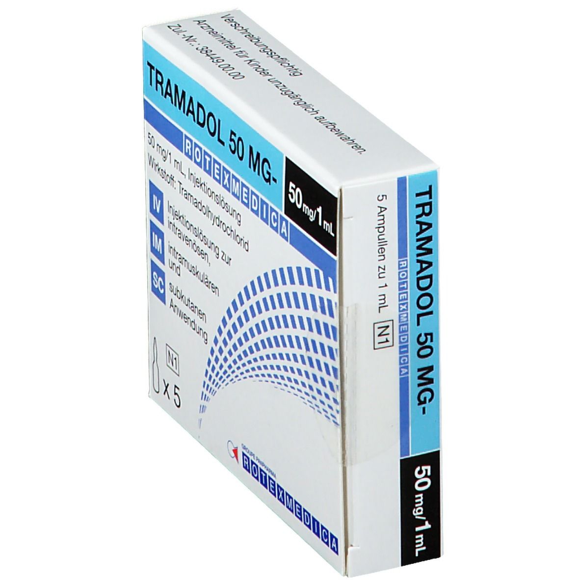 Schachtel Tramadol 50 mg Rotexmedica, Seitenansicht. Enthält 5 Ampullen. Aufschrift: 50 mg/1 ml, Injektionslösung. Blaue und weiße Verpackung.
