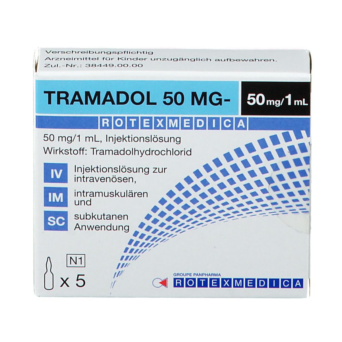 Schachtel Tramadol 50 mg Rotexmedica. Enthält 5 Ampullen. Aufschrift: 50 mg/1 ml, Injektionslösung. Blaue und weiße Verpackung.