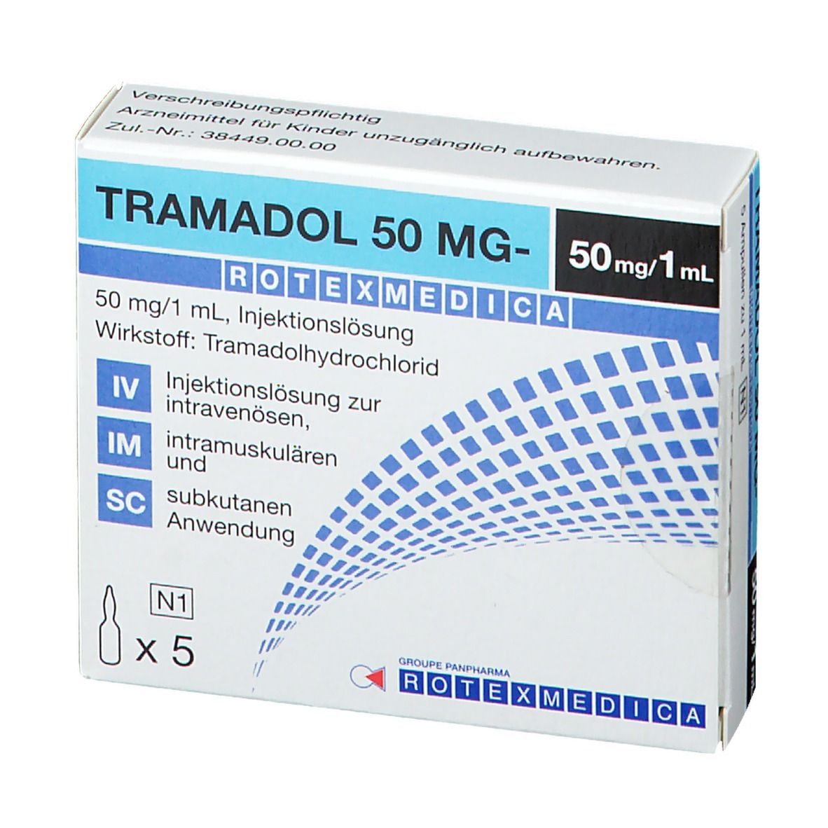 Schachtel Tramadol 50 mg Rotexmedica. Enthält 5 Ampullen. Aufschrift: 50 mg/1 ml, Injektionslösung. Blaue und weiße Verpackung.