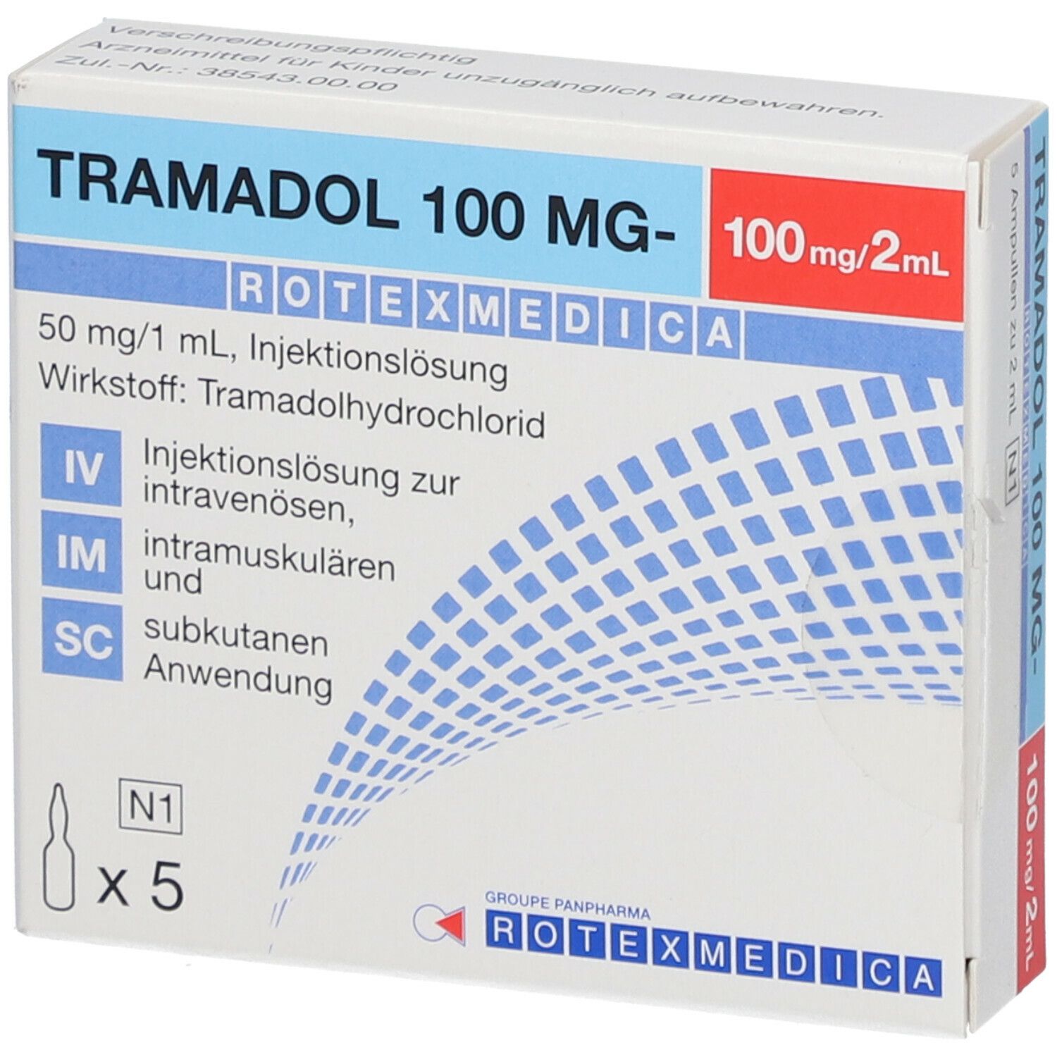 Schachtel mit Tramadol 100 mg Rotexmedica. Blaue und weiße Verpackung mit Produktinformationen und Ampullen-Symbol.