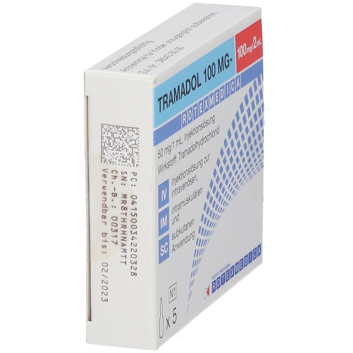 Seitenansicht der Tramadol 100 mg Rotexmedica Verpackung. Barcode und Verfallsdatum sind sichtbar.