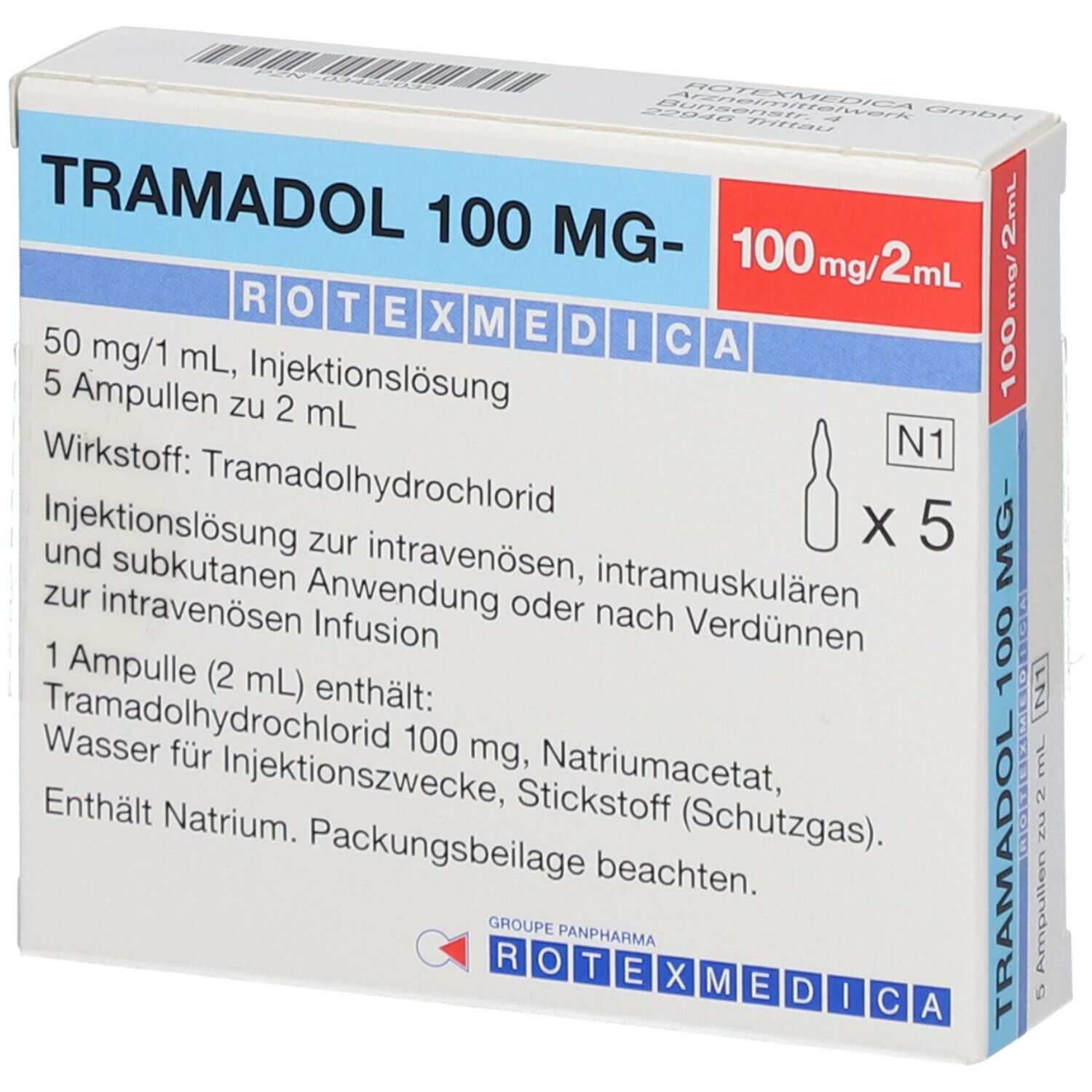 Tramadol 100 mg Rotexmedica Packung. Enthält 5 Ampullen. Produktinformationen auf der Verpackung.