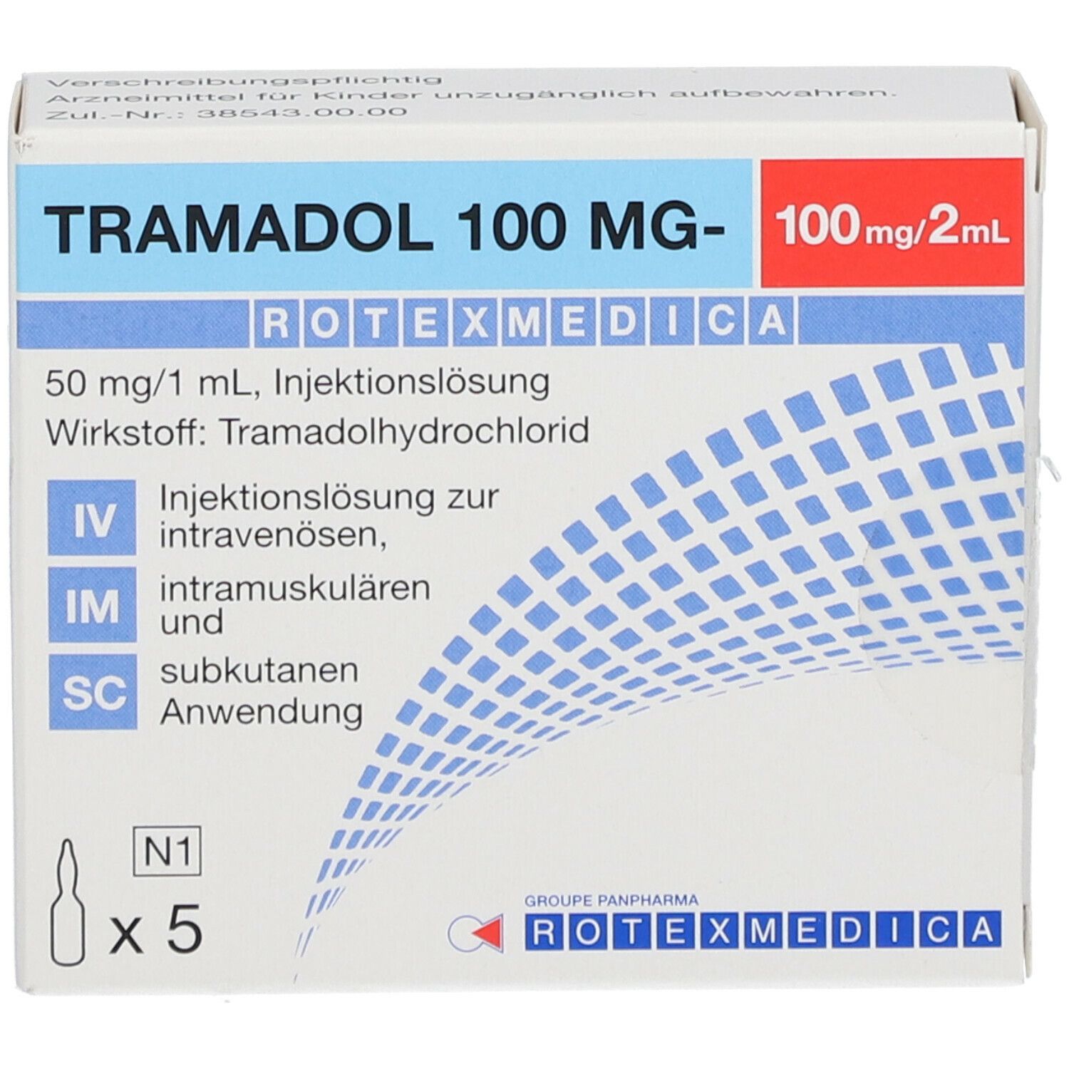 Vorderansicht der Tramadol 100 mg Rotexmedica Verpackung. Blaue und weiße Gestaltung mit Produktinformationen.