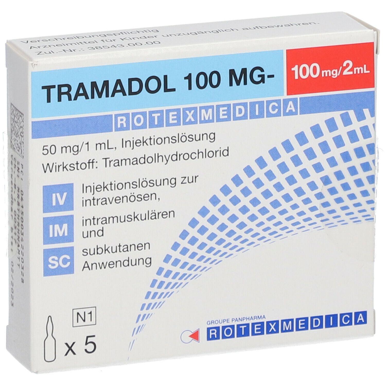 Tramadol 100 mg Rotexmedica Verpackung. Blaue und weiße Gestaltung mit Produktinformationen und Ampullen-Symbol.