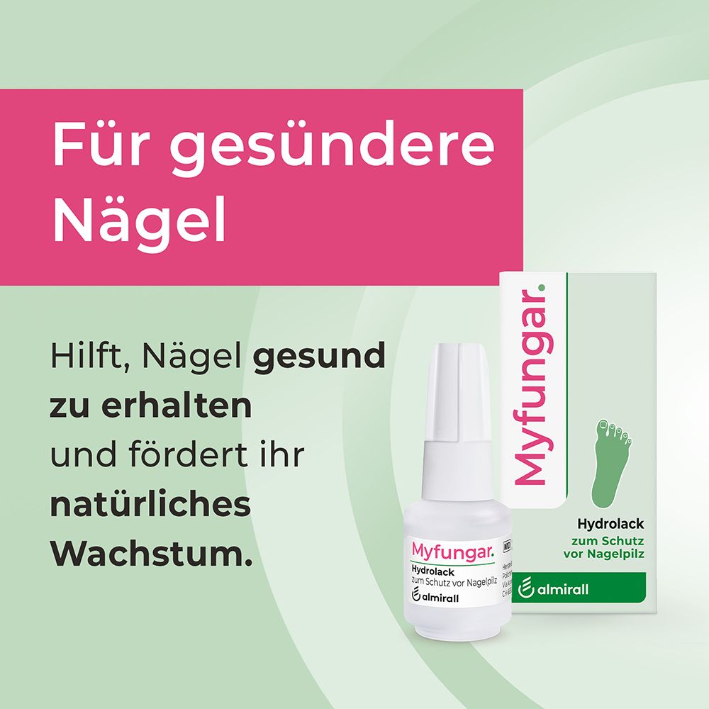 Flasche "Myfungar HydroLack" zum Schutz vor Nagelpilz. "Für gesündere Nägel".