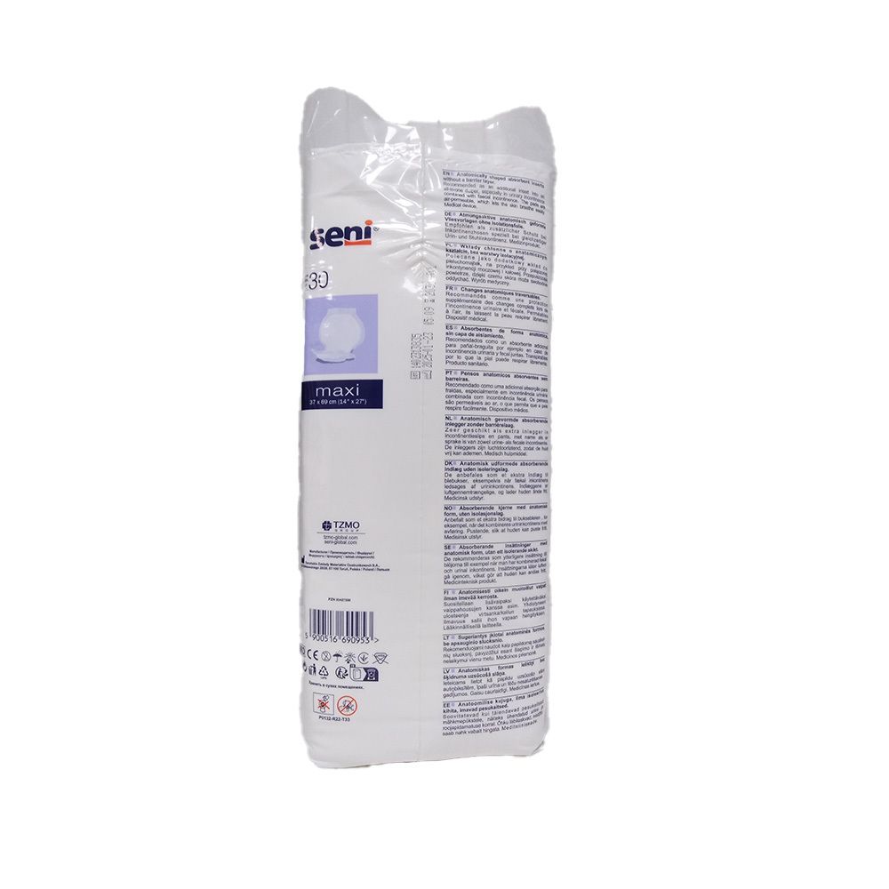 Verpackung mit Seni V Maxi. Weiße, rechteckige Packung mit Produktinformationen und Logo. Maxi-Größe deutlich sichtbar.