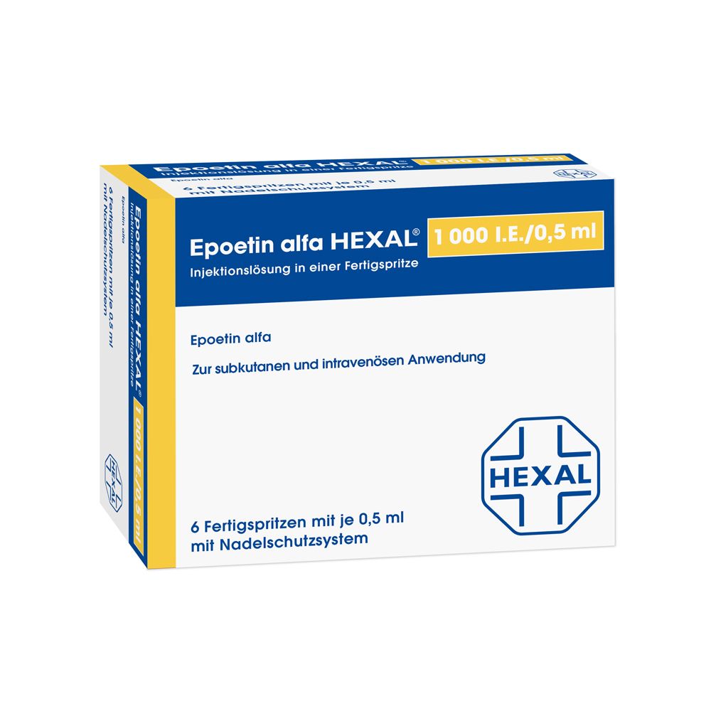 Epoetin alfa HEXAL 1.000 I.E./0,5 ml Injektionslösung in einer Fertigspritze, 6 Fertigspritzen mit je 0,5 ml mit Nadelschutzsystem.
