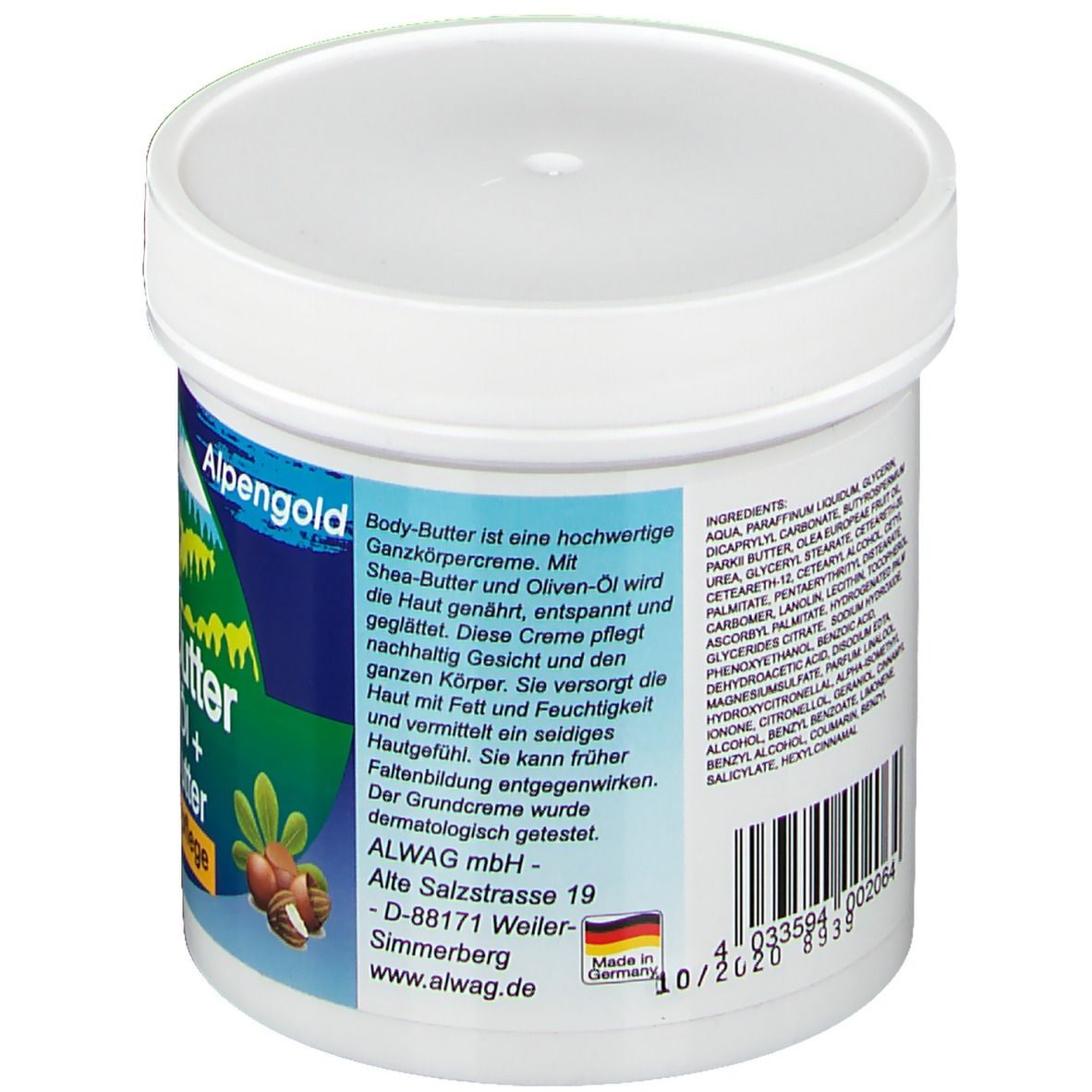 Weißer Tiegel mit Deckel. Rückseite mit Inhaltsstoffen und Barcode. Text: AlpenGold, ALWAG mbH, Made in Germany.