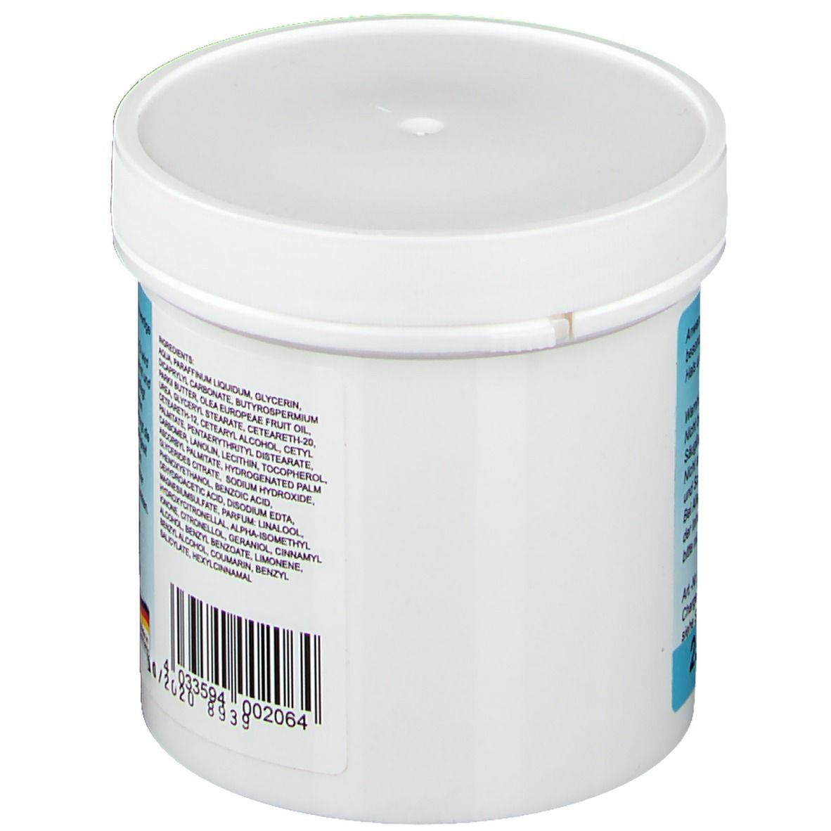 Weißer Tiegel mit Deckel. Seite mit Inhaltsstoffen und Barcode. Text: AlpenGold, ALWAG mbH, Made in Germany.