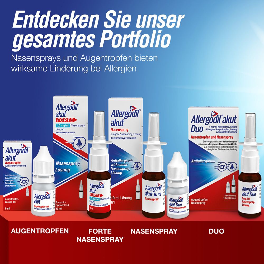 Portfolio von Allergodil: Nasensprays und Augentropfen gegen Allergien.