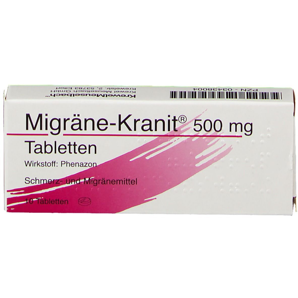 Schachtel Migräne-Kranit 500 mg Tabletten. Vorderseite mit Produktnamen, Inhaltsstoffen und Hersteller.