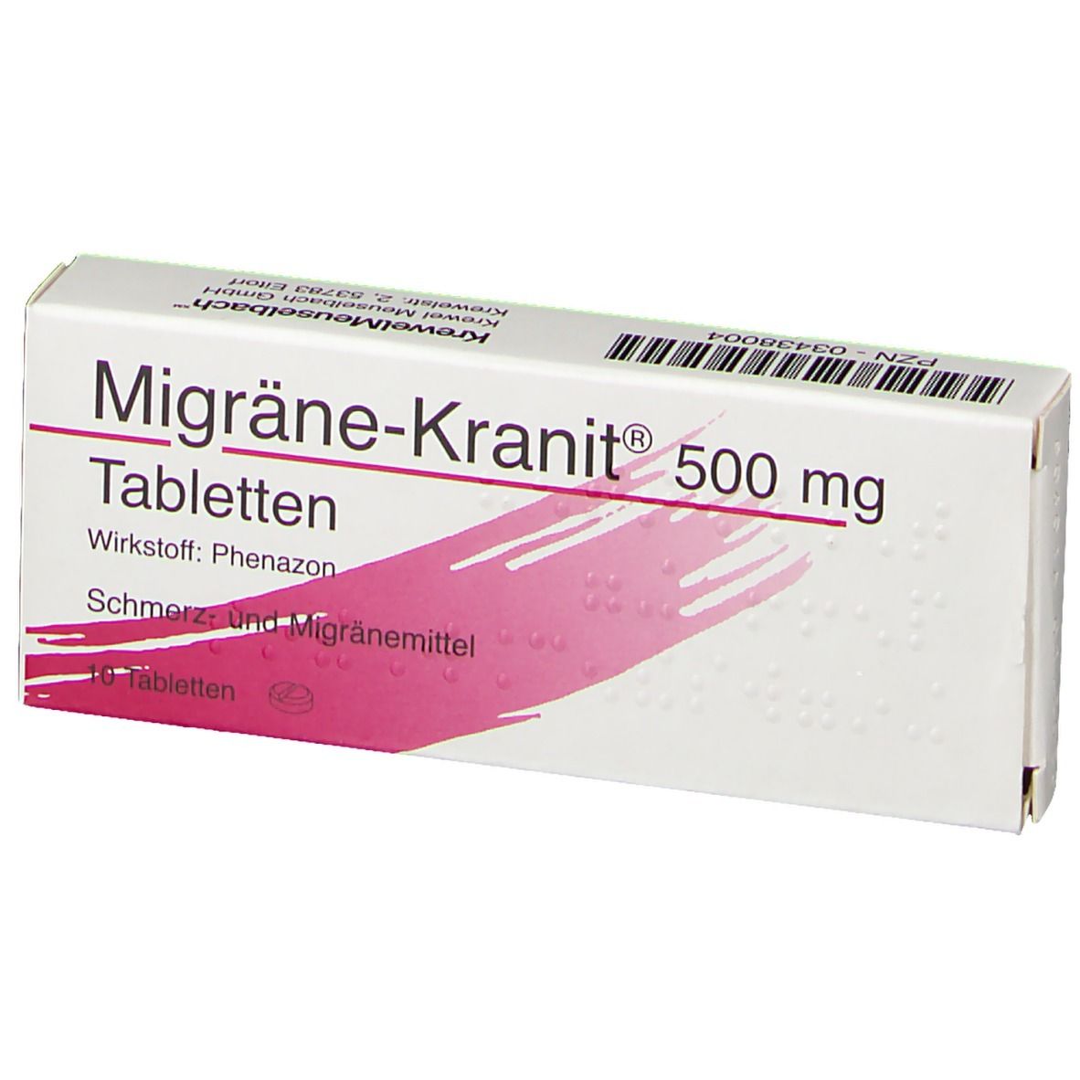 Schachtel Migräne-Kranit 500 mg Tabletten. Vorderseite mit Produktnamen, Inhaltsstoffen und Hersteller.