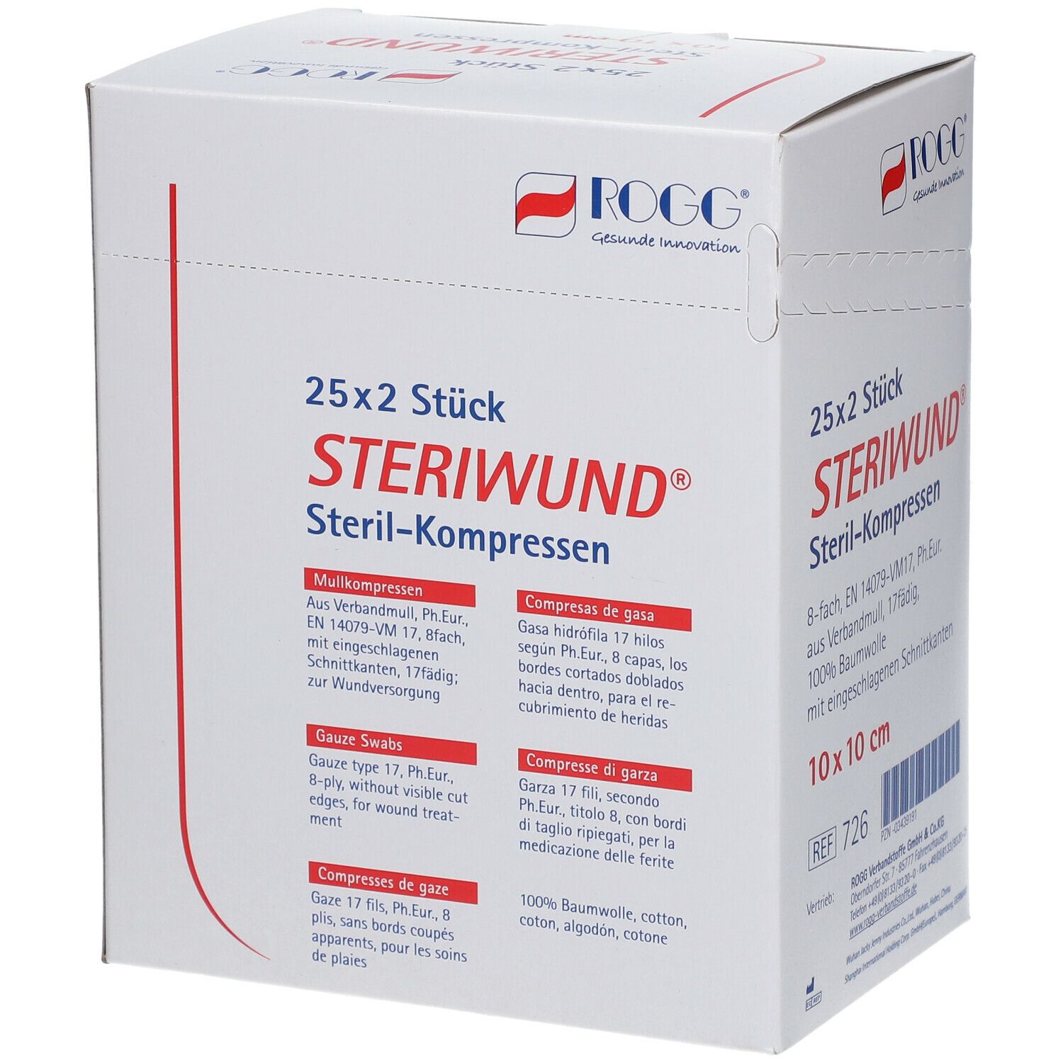 Verpackung mit 25x2 sterilen Kompressen. Marke ROGG, Größe 10x10 cm. Aufdruck: Steriwund Steril-Kompressen.