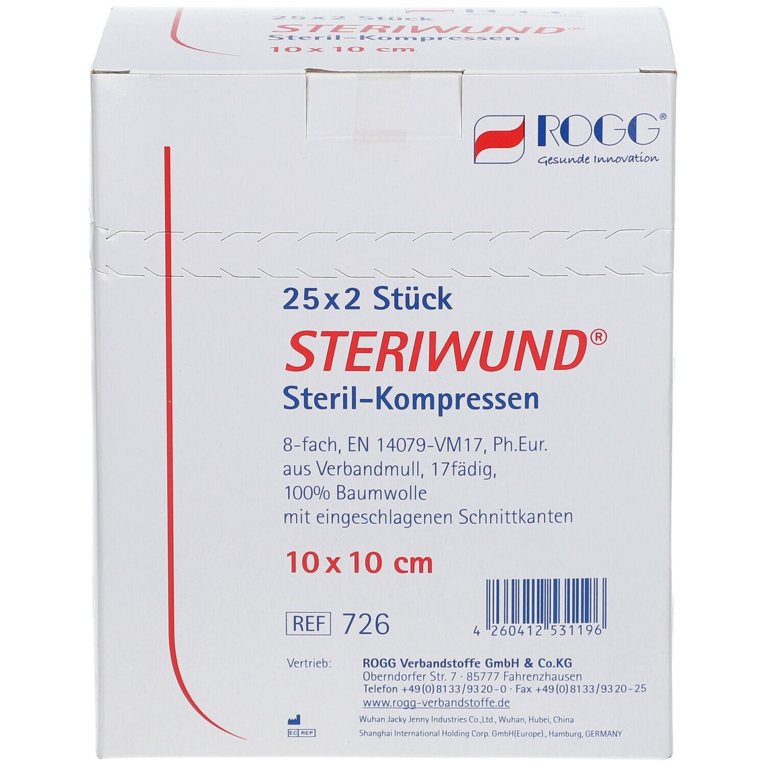 Verpackung mit 25x2 sterilen Kompressen. Marke ROGG, Größe 10x10 cm. Aufdruck: Steriwund Steril-Kompressen.