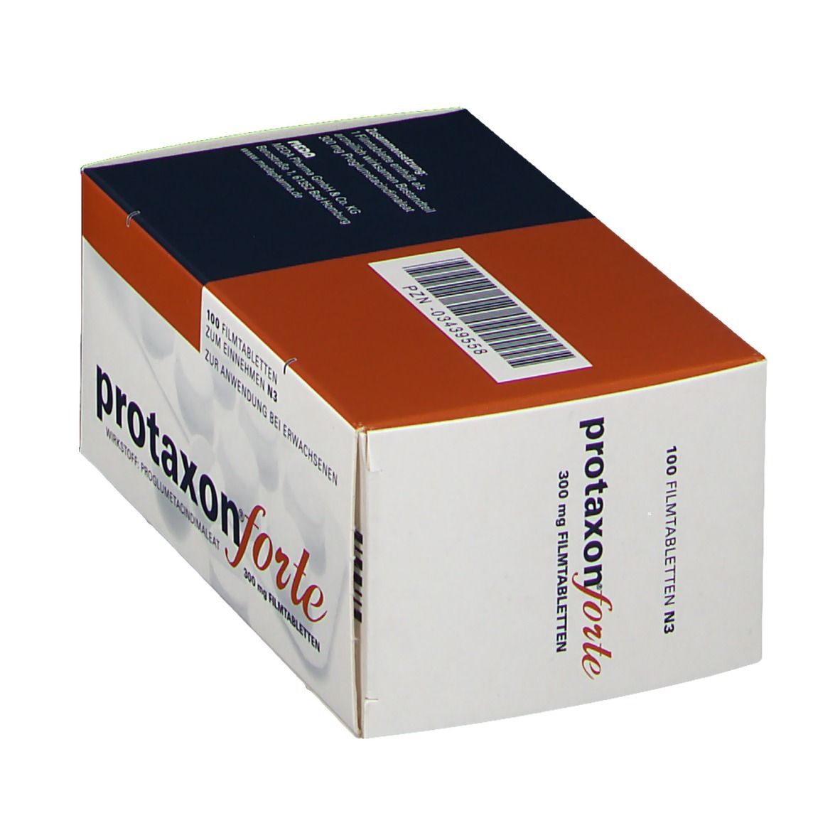 Schachtel mit protaxon® forte 300 mg Filmtabletten. Weiß, orange und dunkelblaue Verpackung. Text: 100 Filmtabletten, Wirkstoff: Proglumetacindimaleat.