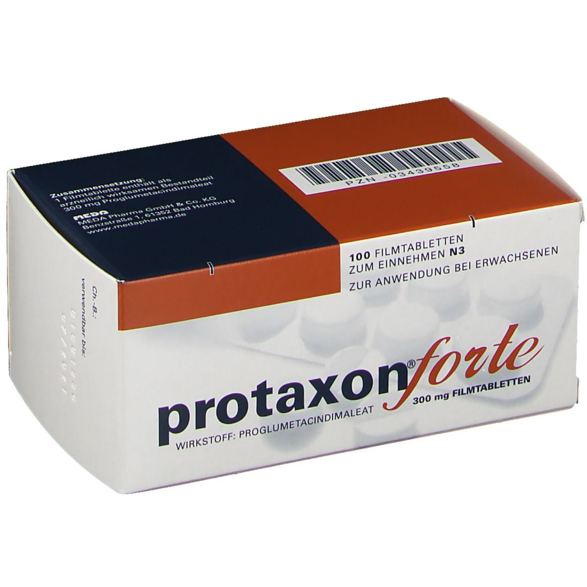 Schachtel mit protaxon® forte 300 mg Filmtabletten. Weiß, orange und dunkelblaue Verpackung. Text: 100 Filmtabletten, Wirkstoff: Proglumetacindimaleat.
