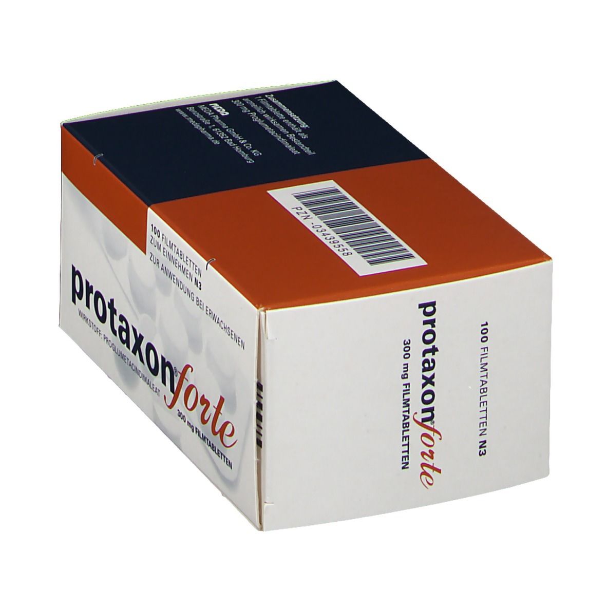 Schachtel mit protaxon® forte 300 mg Filmtabletten. Weiß, orange und dunkelblaue Verpackung. Text: 100 Filmtabletten, Wirkstoff: Proglumetacindimaleat.