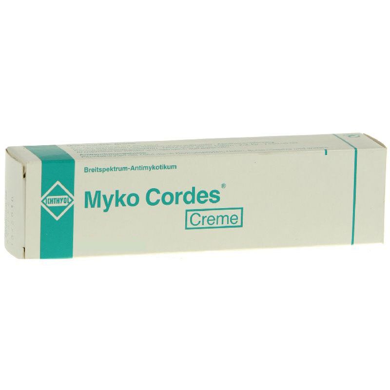 Creme-Tube mit Produktnamen Myko Cordes und Logo. Verpackung in Weiß und Türkis. Aufschrift: Breitsprektrum-Antimykotikum.