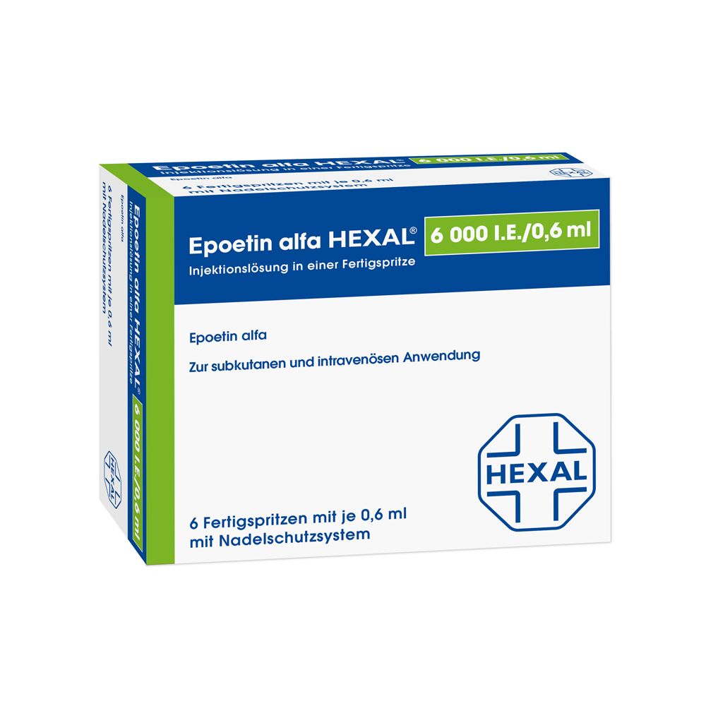 Packung mit 6 Fertigspritzen Epoetin alfa Hexal 6000 I.E./0,6 ml.