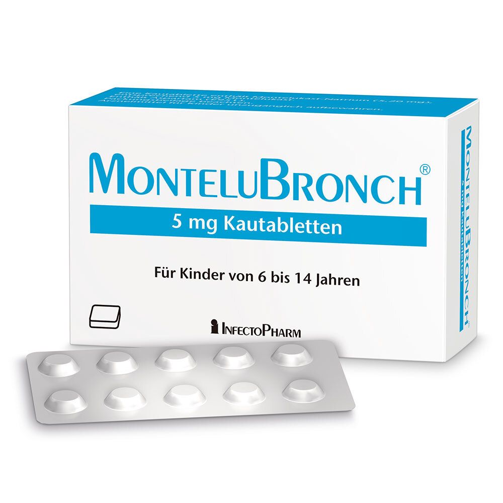 Schachtel mit MonteluBronch 5 mg Kautabletten. Aufschrift: Für Kinder von 6 bis 14 Jahren. Blisterpackung mit Tabletten daneben.