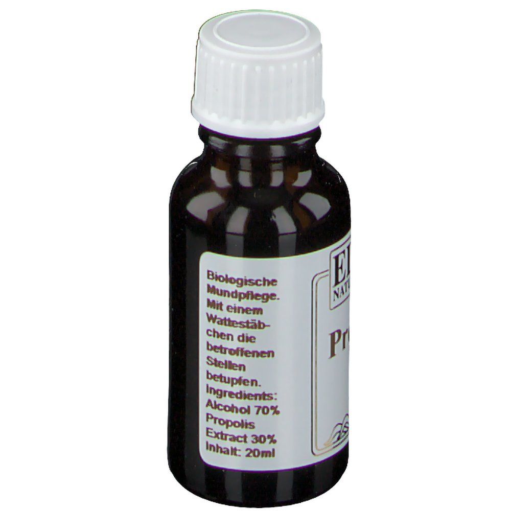Braune Glasflasche mit weißem Verschluss. Etikett mit Text, u.a. "Propolis", "Extract 30%".