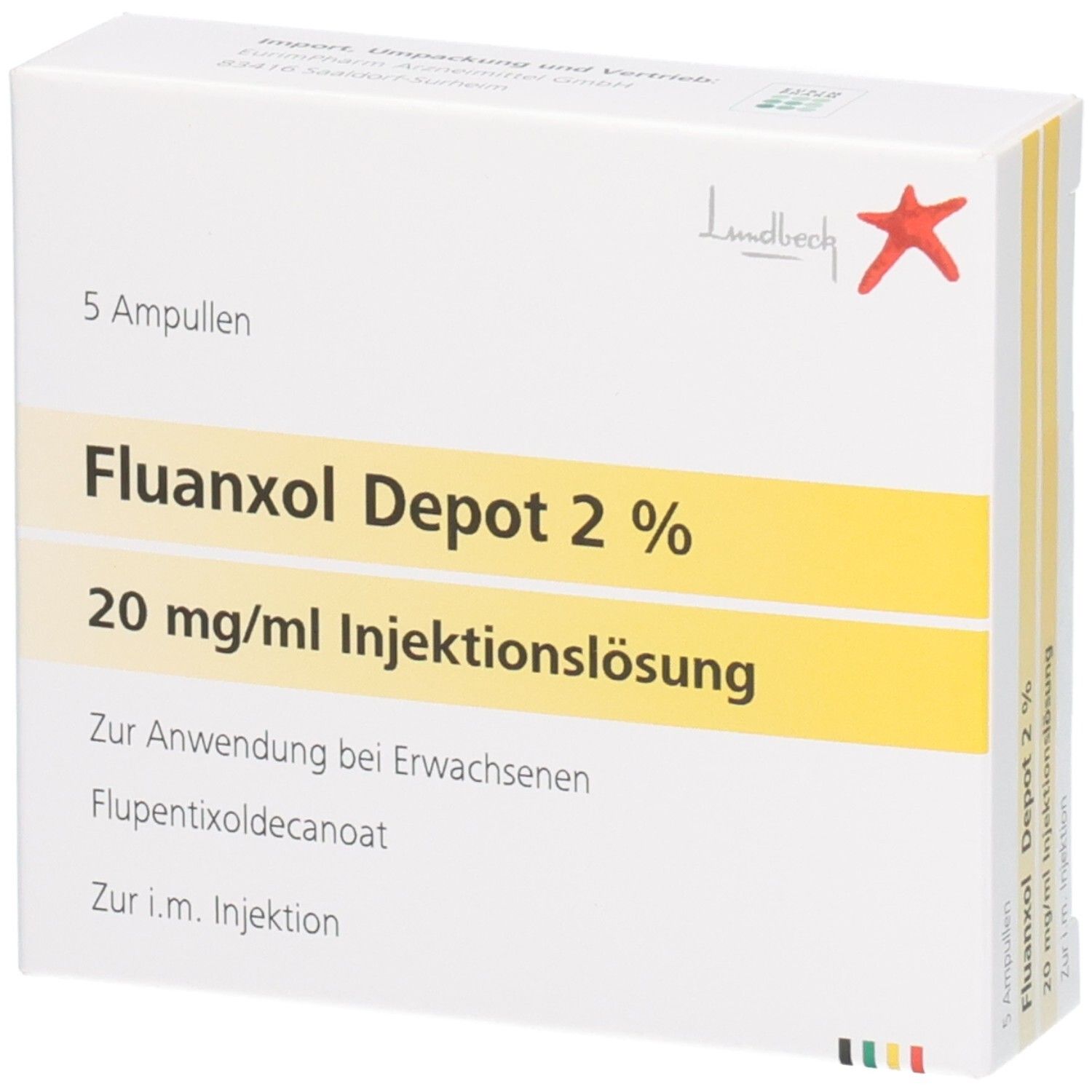 Packung Fluanxol Depot 2% Injektionslösung, 5 Ampullen.