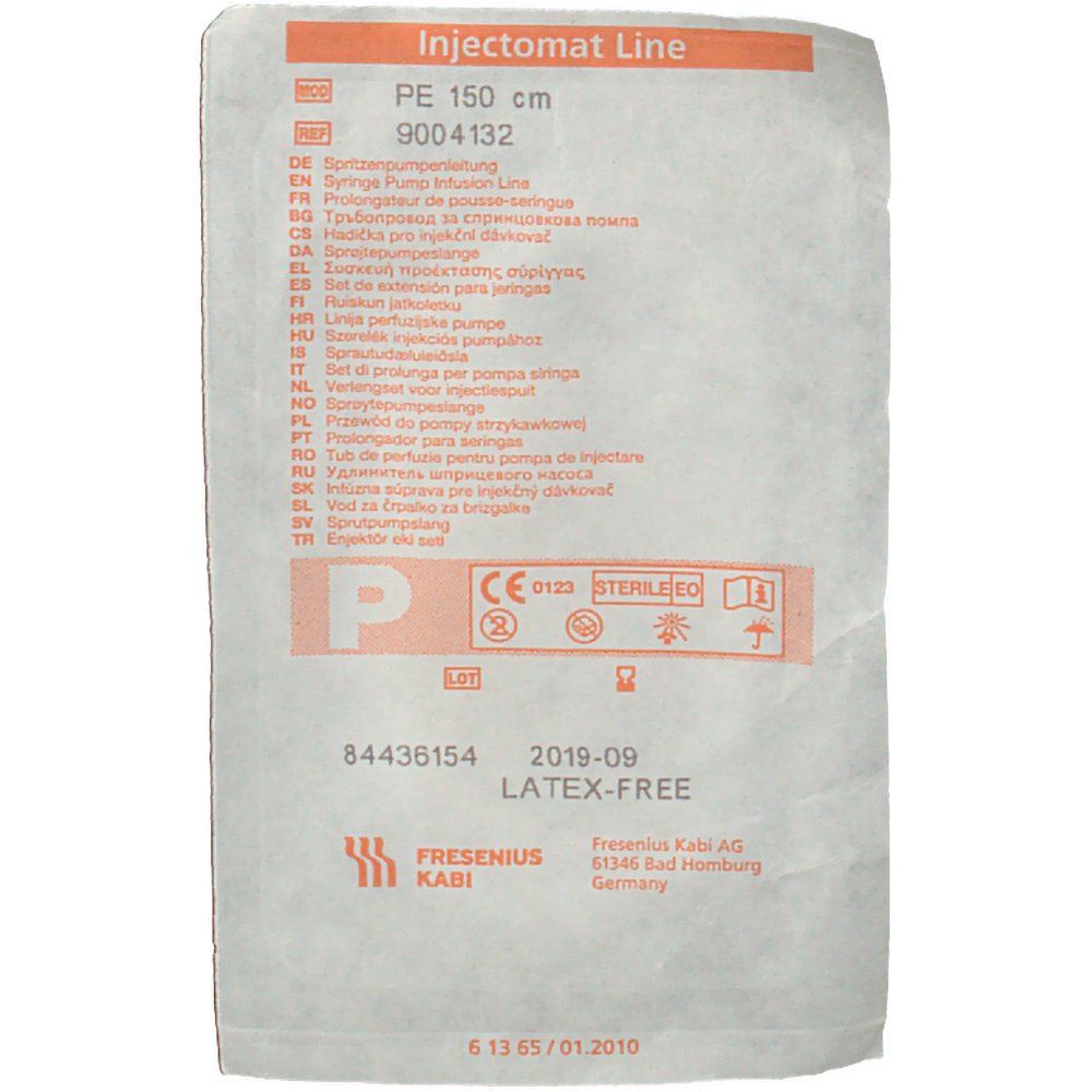 Verpackung mit Produktinformationen. Text: Injectomat Line PE 150 cm. Sterilisiert. Latex-frei. Hersteller: Fresenius Kabi.