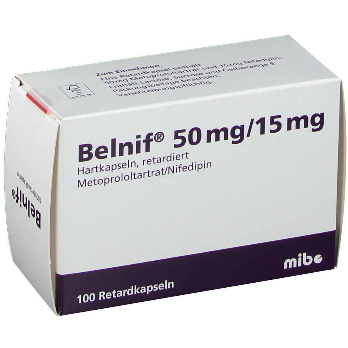 Weiße Schachtel mit Belnif-Aufdruck. Enthält 100 Retardkapseln. Aufdruck: 50 mg/15 mg, Metoprololtartrat/Nifedipin.